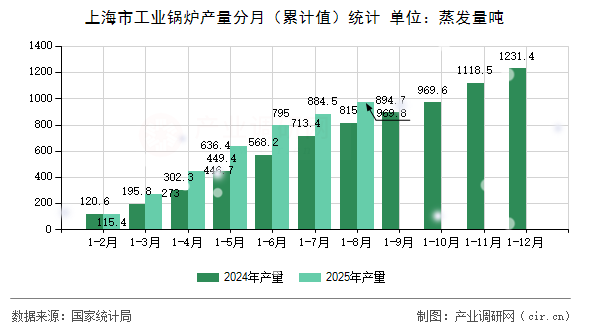 上海市工業(yè)鍋爐產(chǎn)量分月（累計值）統(tǒng)計