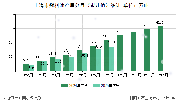 上海市燃料油產(chǎn)量分月（累計(jì)值）統(tǒng)計(jì)